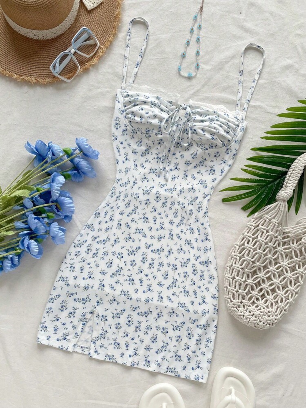 Women's White Mini Dress with Blue Floral Print and Tie-Front